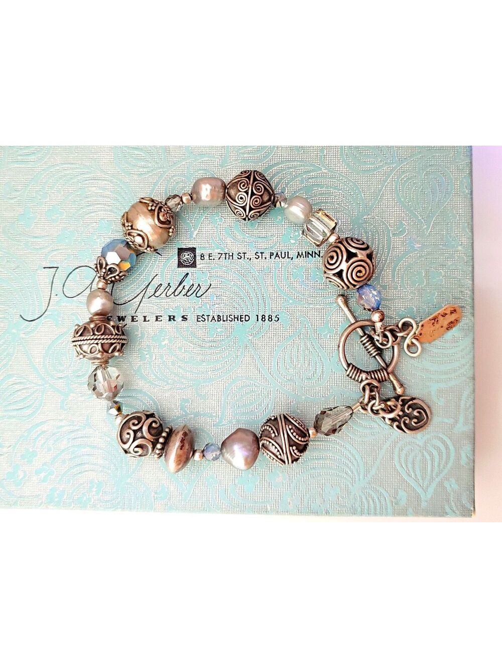 Vintage Tres Jolie Sterling Silver Blue AB Pearl Bali Bead Bracelet